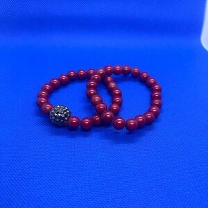 Red Beaded Stretch Bracelets with Black Pave Accent